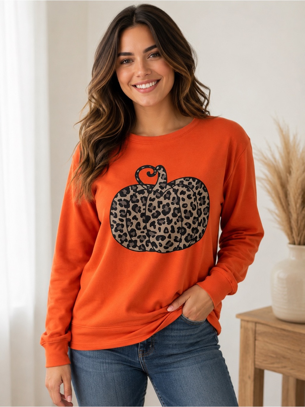 Women's Orange Leopard Pumpkin Graphic Sweatshirt